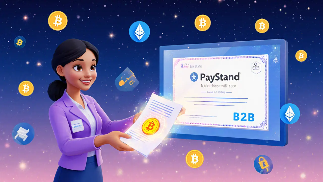 A business owner turns real estate paper into a digital token with AI help, while Paystand settles payments instantly in background.