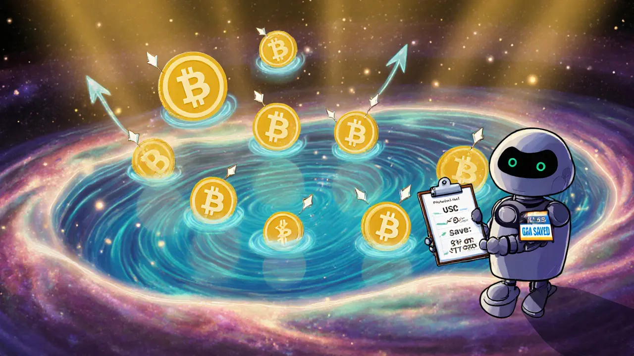 A colorful liquidity pool with eight tokens self-rebalancing, watched over by a Protocol Vault robot.