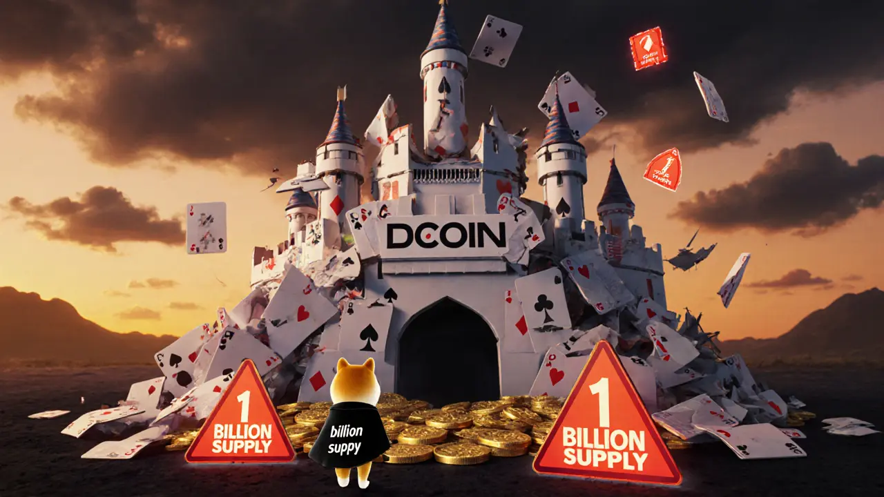 A crumbling castle made of playing cards labeled DCOIN, with a Shiba Inu watching it collapse.