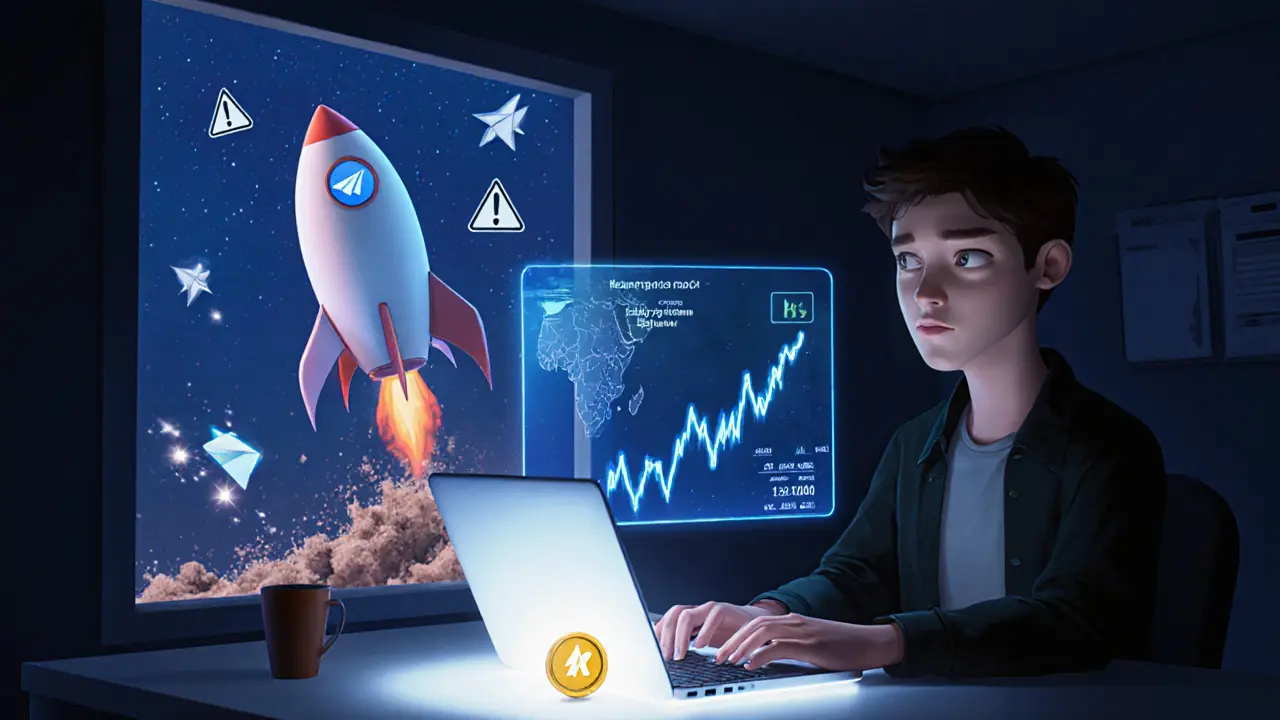 A developer surrounded by holographic crypto data, watching a rocket soar past crumbling regulatory signs.