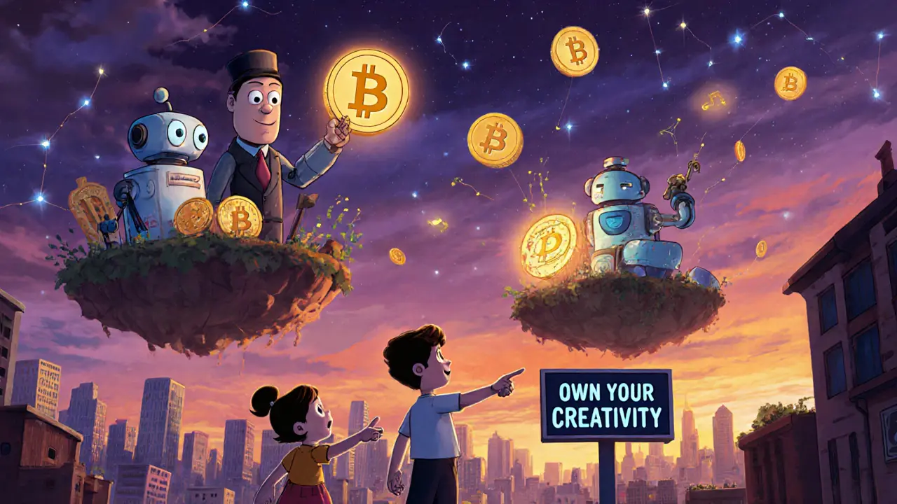 A digital marketplace where creators trade AI agents and NFTs, with BID tokens shining like stars in the sky.