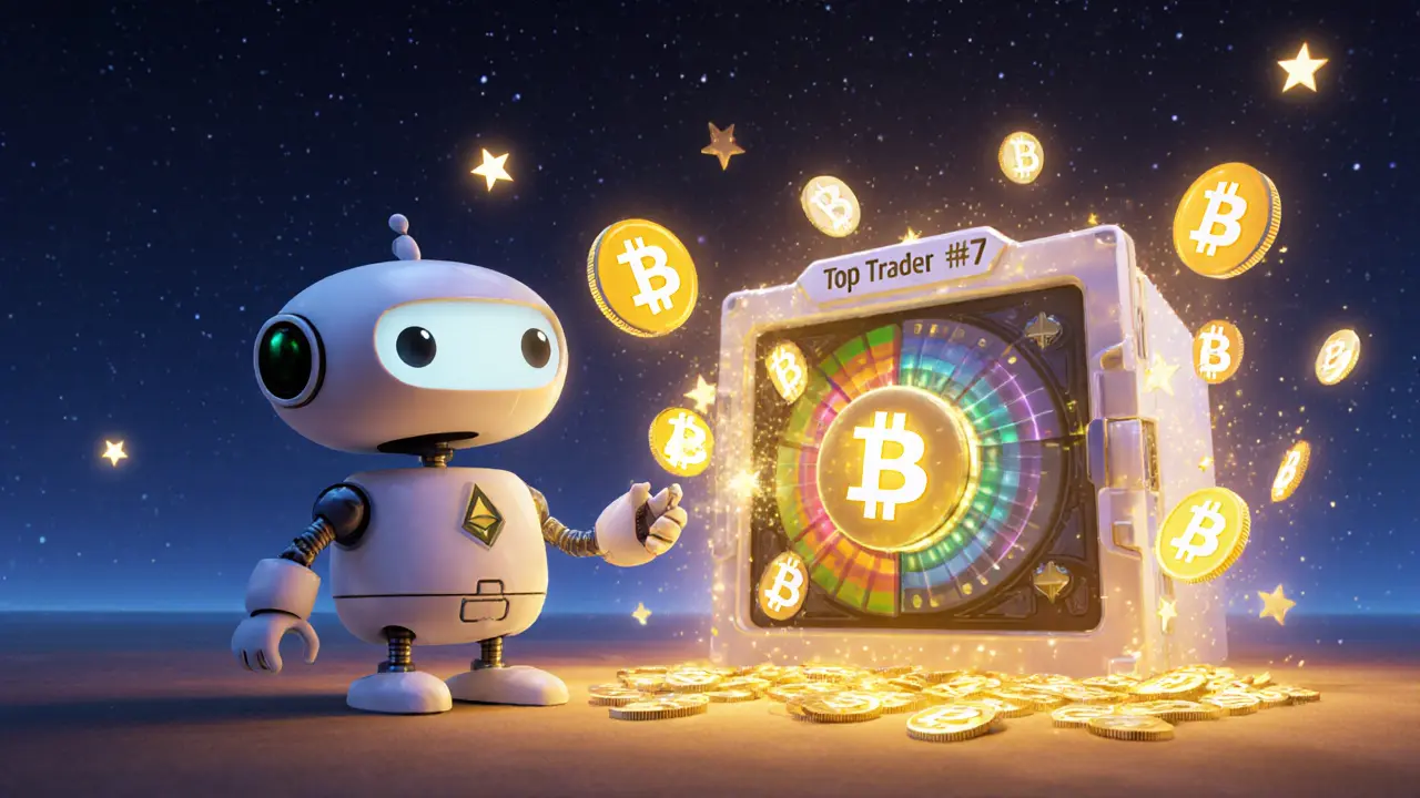 A friendly wallet robot deposits crypto into a glowing vault with automated price-ratio dials in the sky.