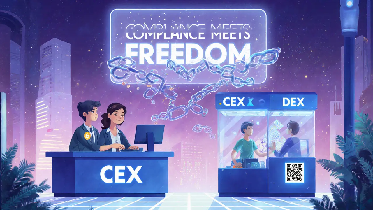 A futuristic crypto hub blending CEX support and DEX freedom with a compliance hologram above.