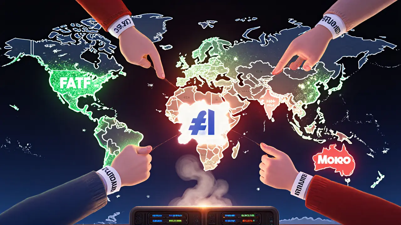 A global map pulled by conflicting regulatory forces, with an insurance company caught in the middle of conflicting rules.