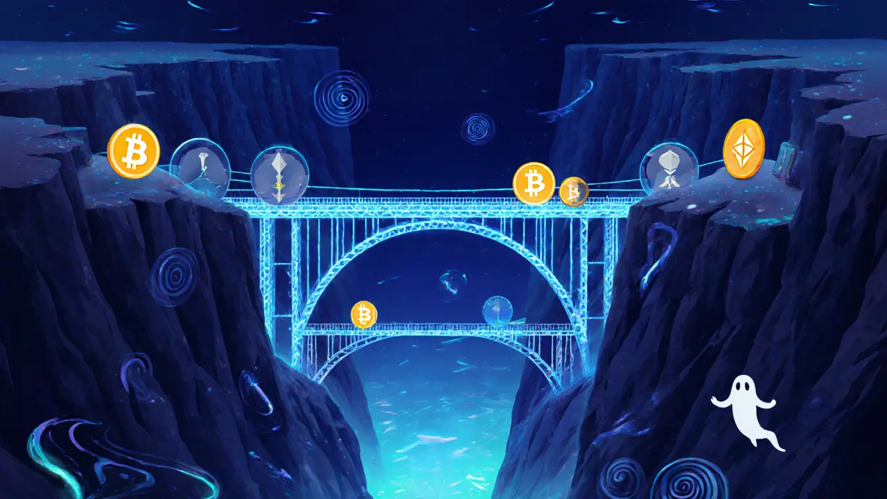 A glowing order book bridge with stablecoins crossing safely while fragile altcoin bridges collapse under trading weight.