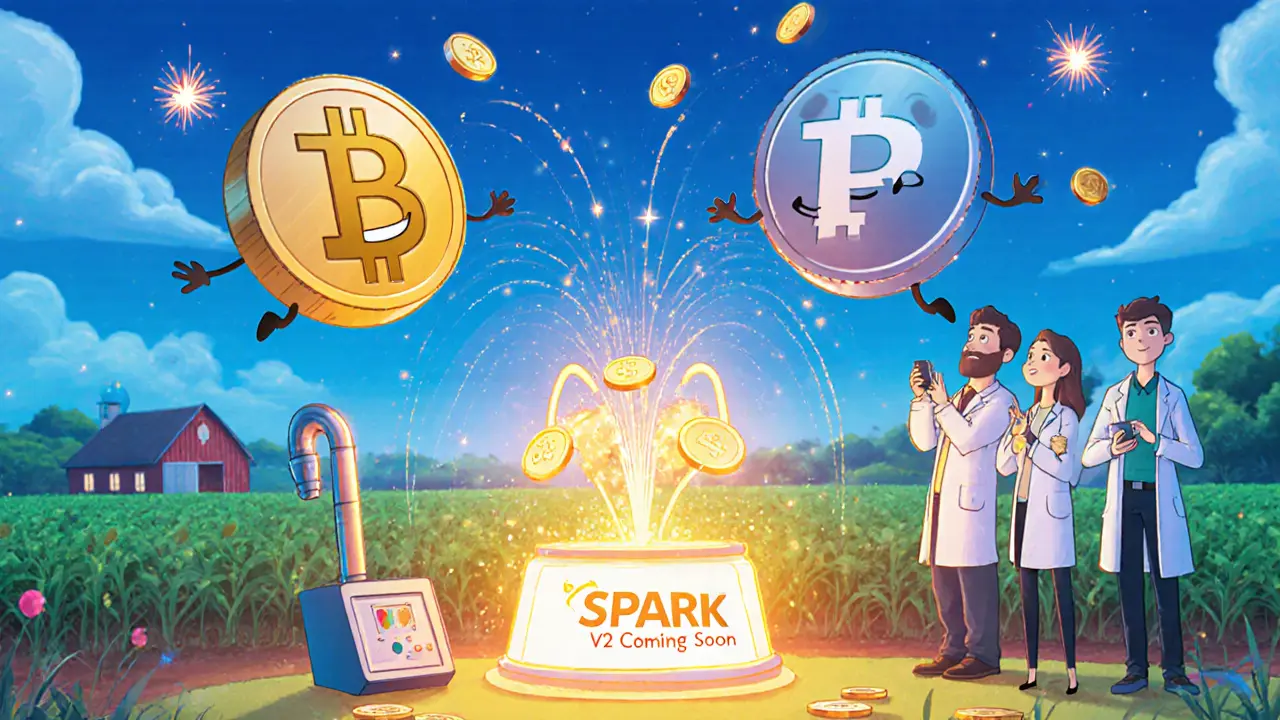 A glowing PulseChain farm with stablecoin characters earning SPARK tokens, developers working on a V2 console.