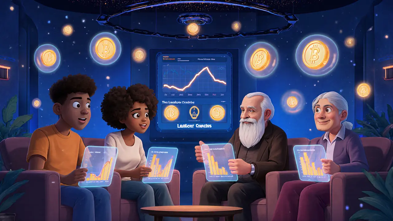 A group of users in a lounge watch holographic vault performance graphs with floating SOFI tokens around them.