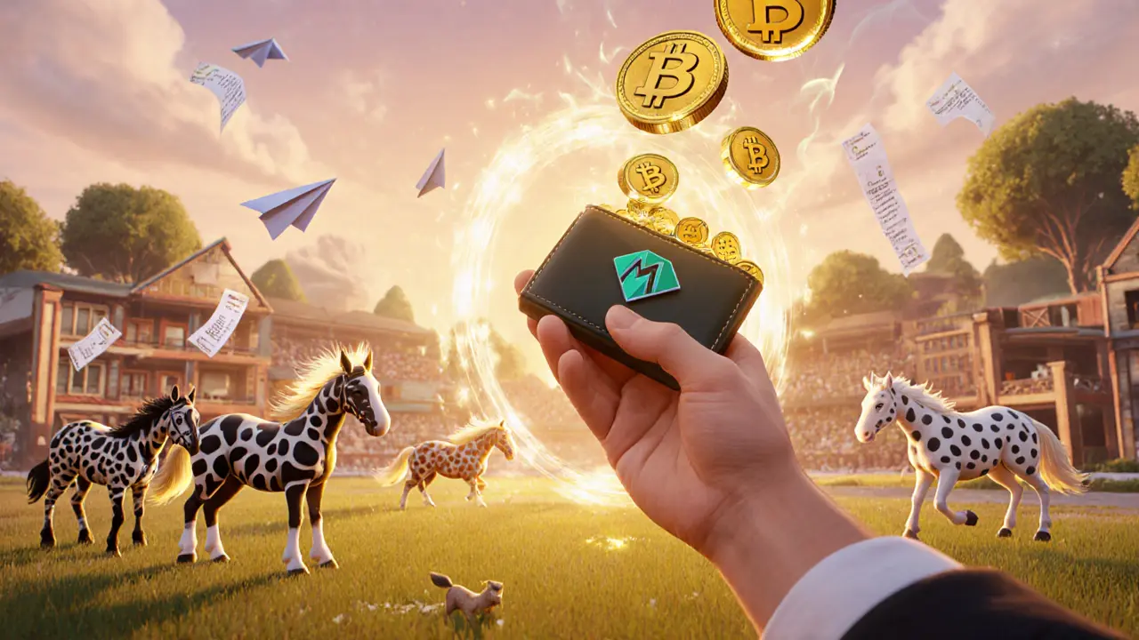 A hand pouring ZERC tokens into a digital stable where NFT horses breed and race in a whimsical metaverse.