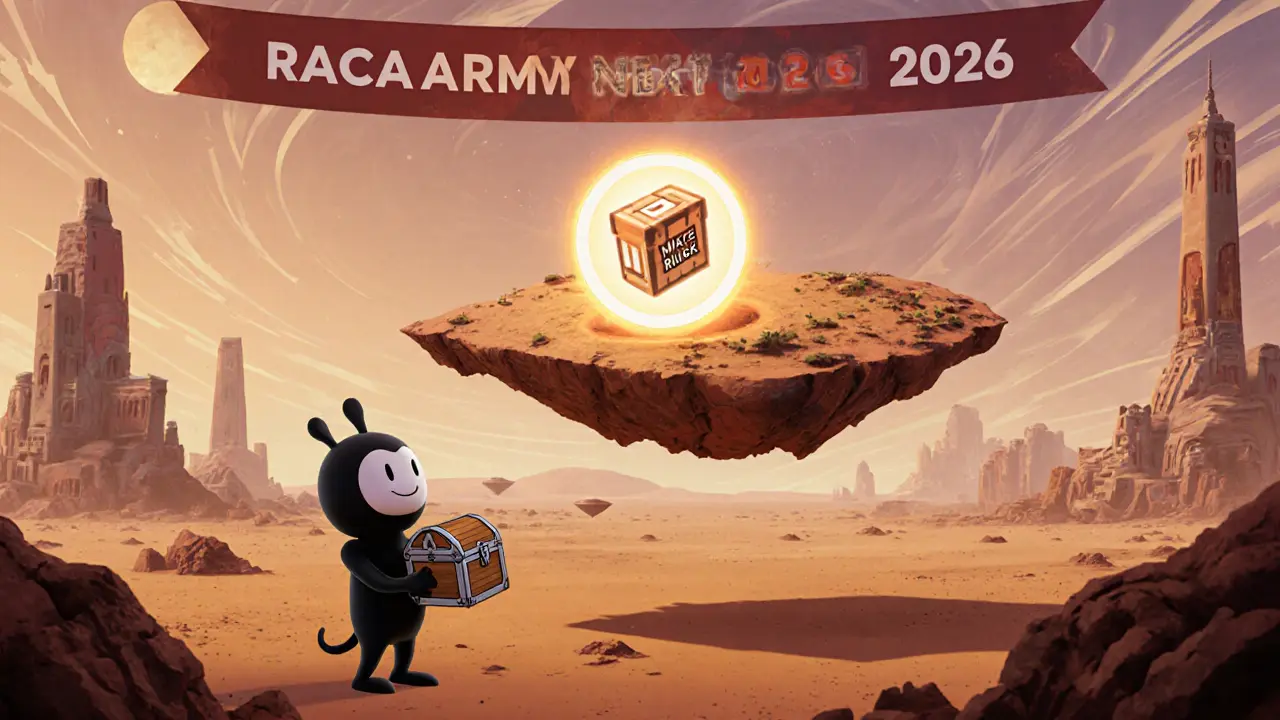 A Metamon holding a RACA token in a futuristic Mars metaverse with mystery NFTs floating nearby.