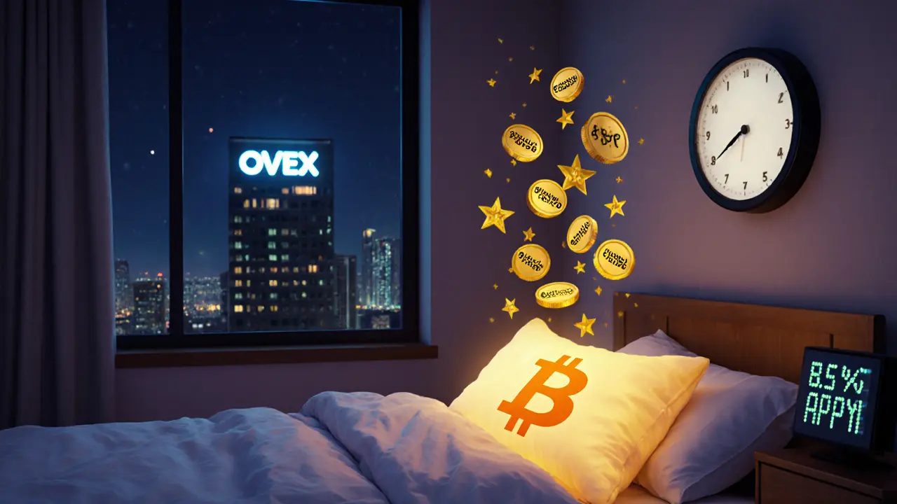 A person sleeping peacefully as daily interest payouts float upward like golden stars, with a digital clock showing 5 PM SAST.