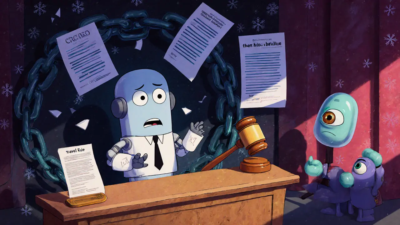 A personified smart contract argues in court with a judge made of legal documents, surrounded by floating blockchain data.