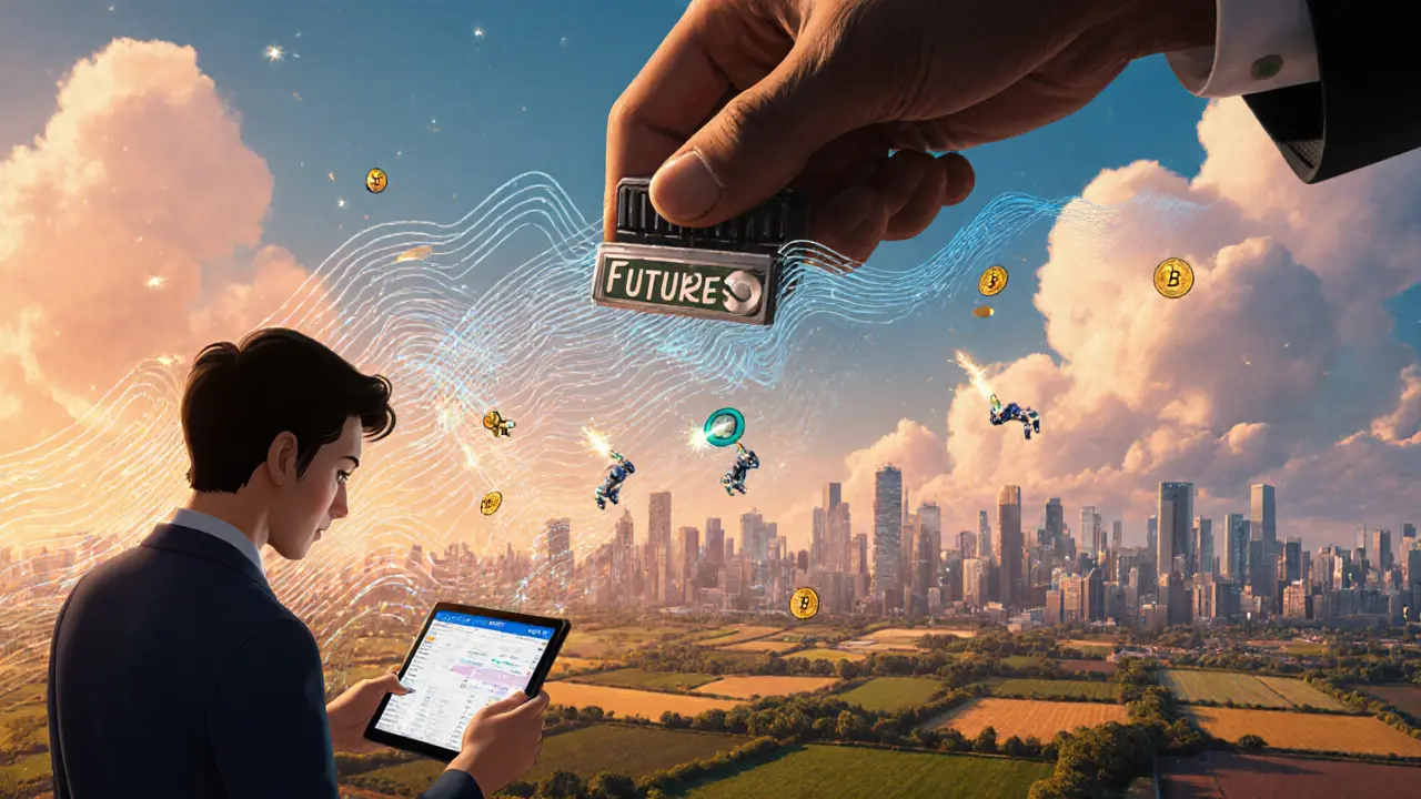 A retail trader below a giant hand activating futures contracts that ripple through city prices, with digital waves changing commodities.