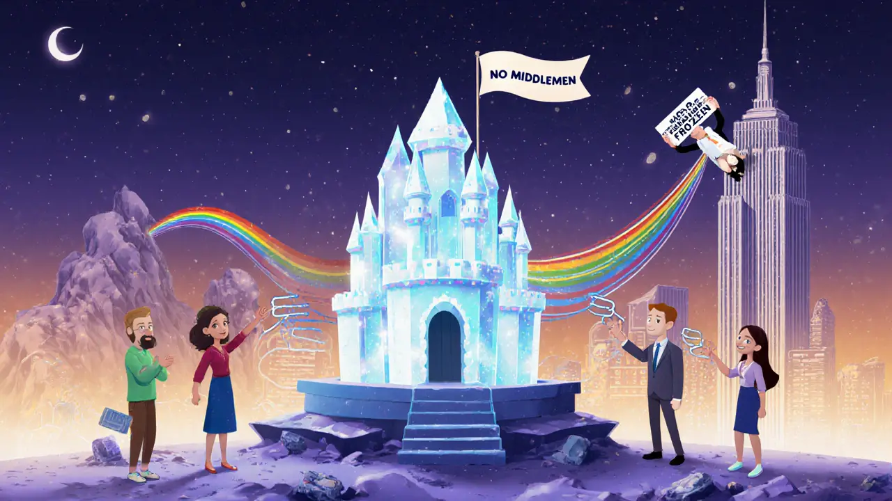 A secure smart contract castle with no walls stands strong as users connect from around the world, while a failed centralized exchange crumbles in the distance.