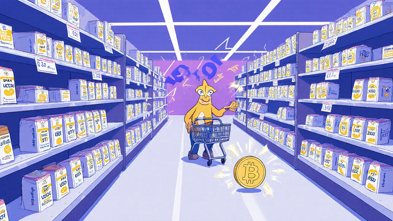 A supermarket aisle with digital tokens, where one lonely altcoin token has a skyrocketing price tag as a shopper tries to buy many.