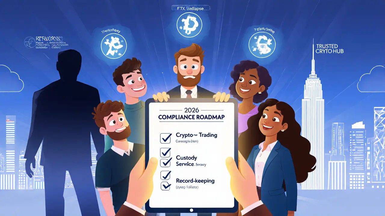 A team of entrepreneurs reviews a compliance roadmap for 2026 crypto regulations, with symbols for trading and custody services floating around them.
