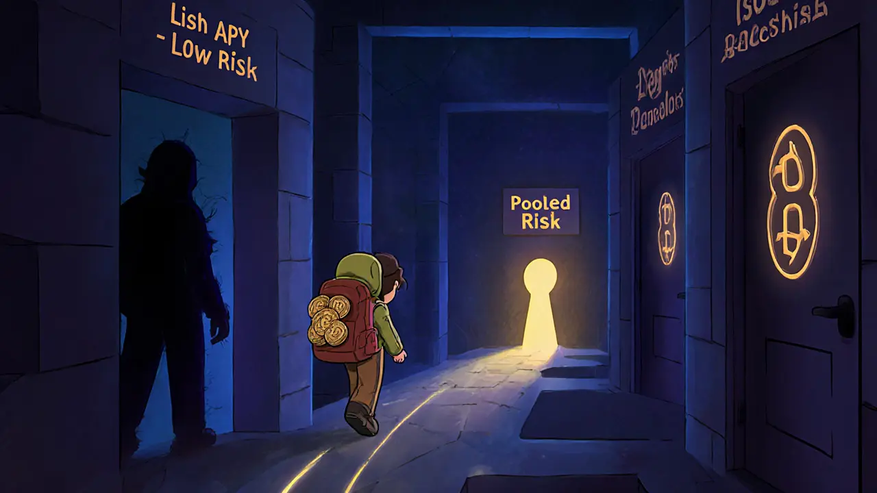 A trader choosing a safe path labeled &#039;Isolated Restaking&#039; away from a collapsing risky path.