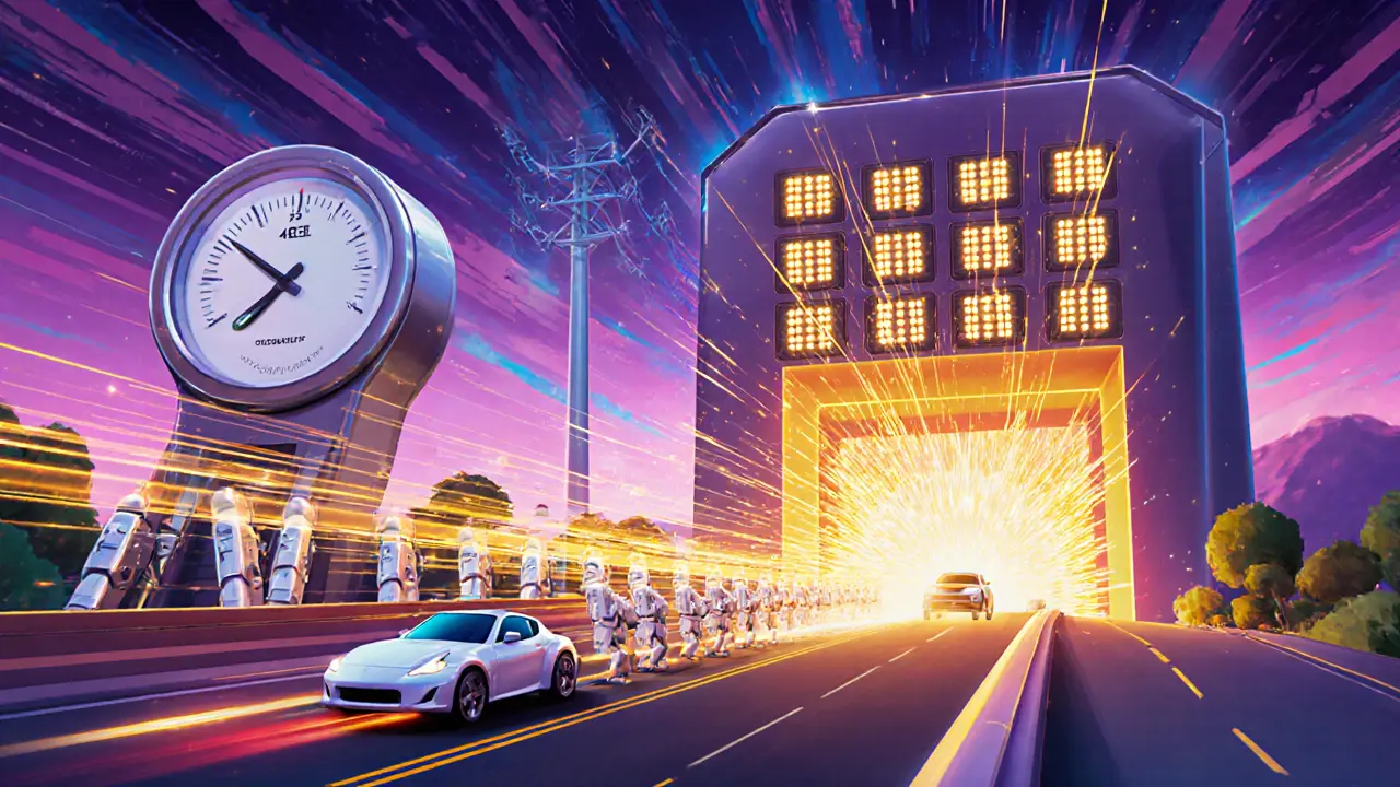 A transaction speeding through a neon highway as 451 robot validators confirm it, turning energy into AI neural networks.