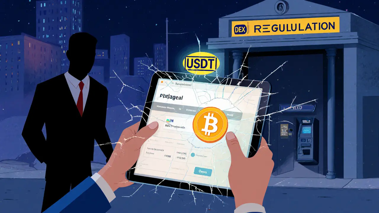 A Venezuelan trader uses a DEX on a tablet while a regulator watches helplessly from afar.