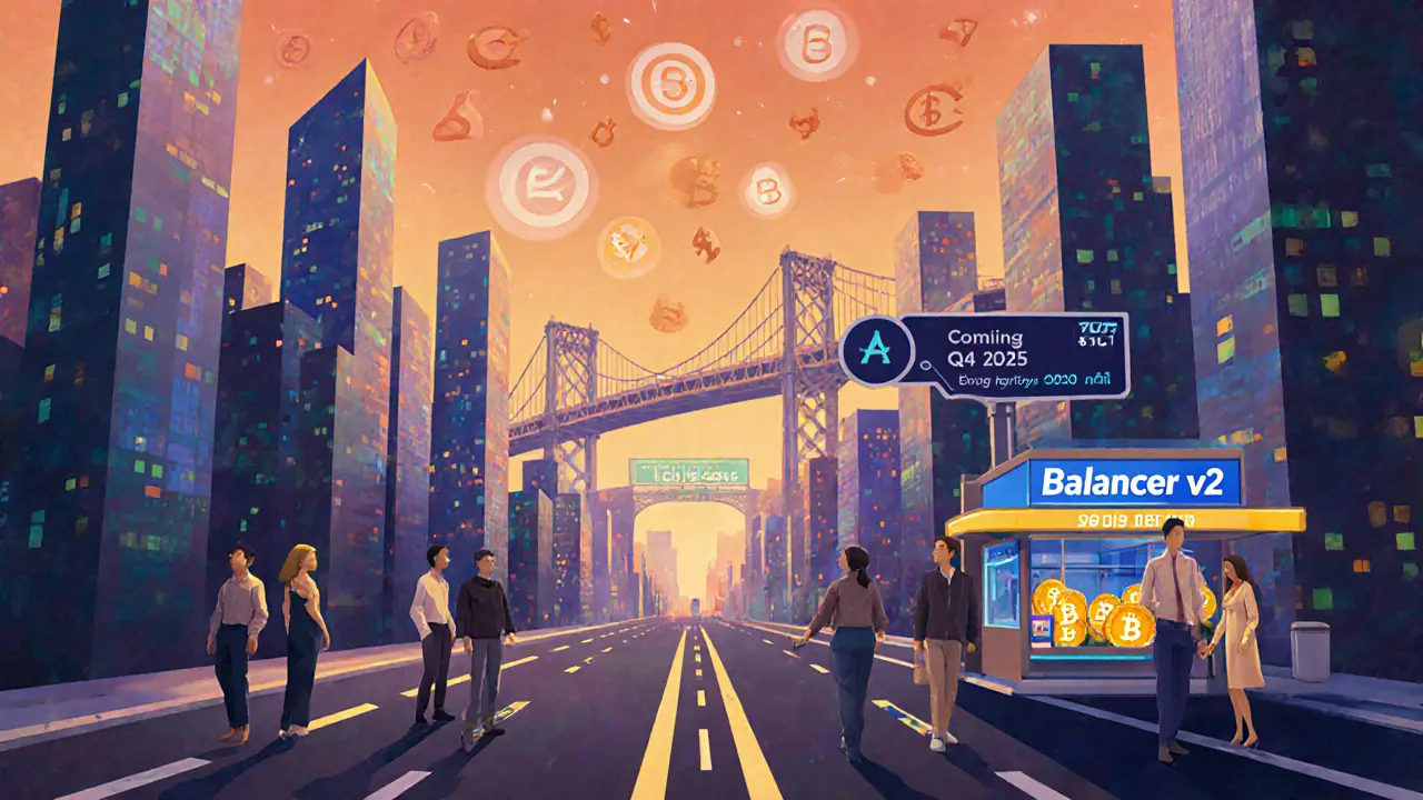 A vibrant digital city where traders use Balancer v2 to swap tokens at ultra-low fees under a glowing AggLayer bridge.