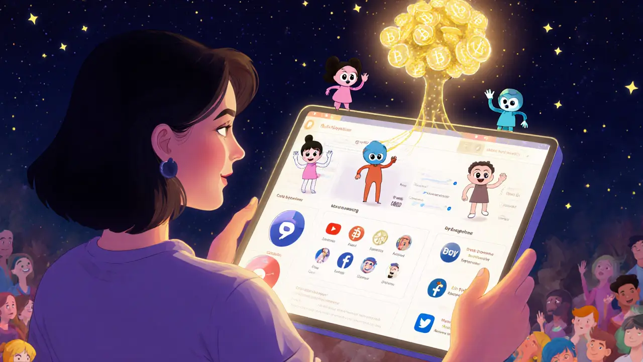 An artist using a no-code dashboard to create an AI agent, with tokens and digital companions glowing around her.