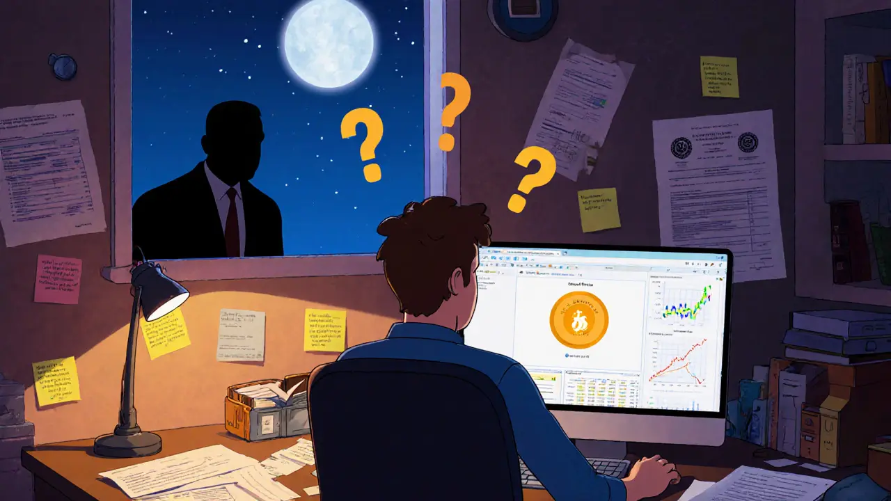 An expat working on crypto taxes with an IRS agent watching through the window.