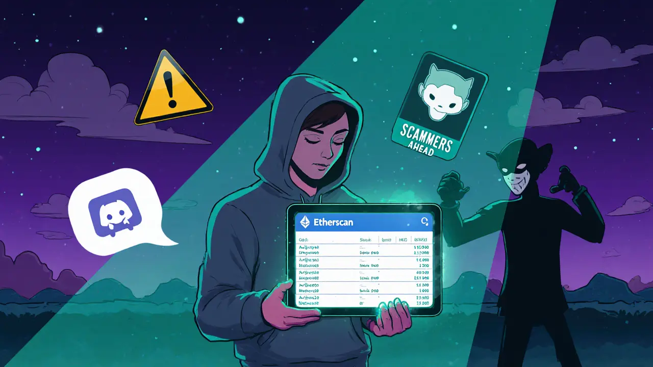 An explorer examining Etherscan logs with warning signs and shadowy scammer nearby.