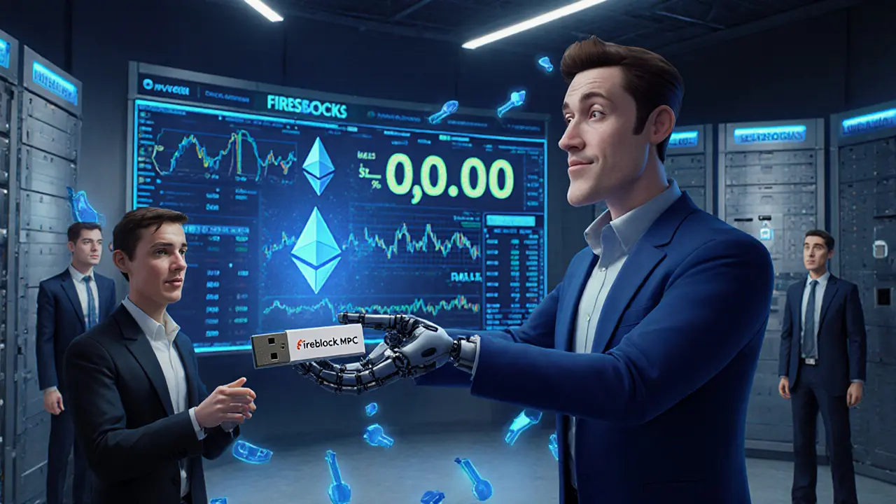 An institutional trading room with a holographic Ethereum trade executing flawlessly, guarded by a robotic custodian and glowing security keys.