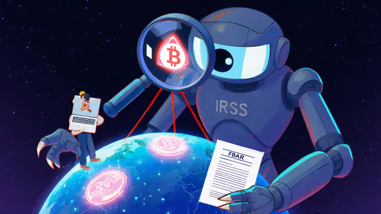 An IRS robot scanning a globe with crypto wallets connected by warning lines.