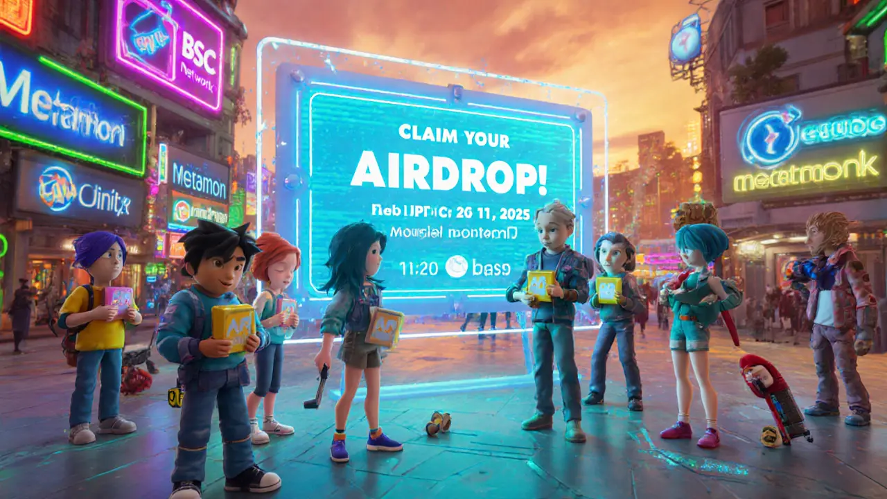Avatars rushing to claim an airdrop as a holographic timer counts down to October 11, 2025.