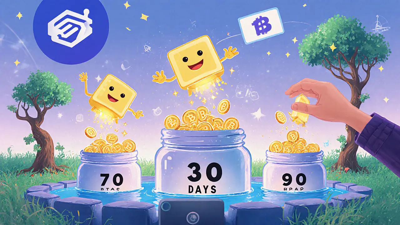 Cheerful QUBE tokens jump into time-lock jars, releasing reward coins into a blockchain tree, with a hand reaching in from the side.