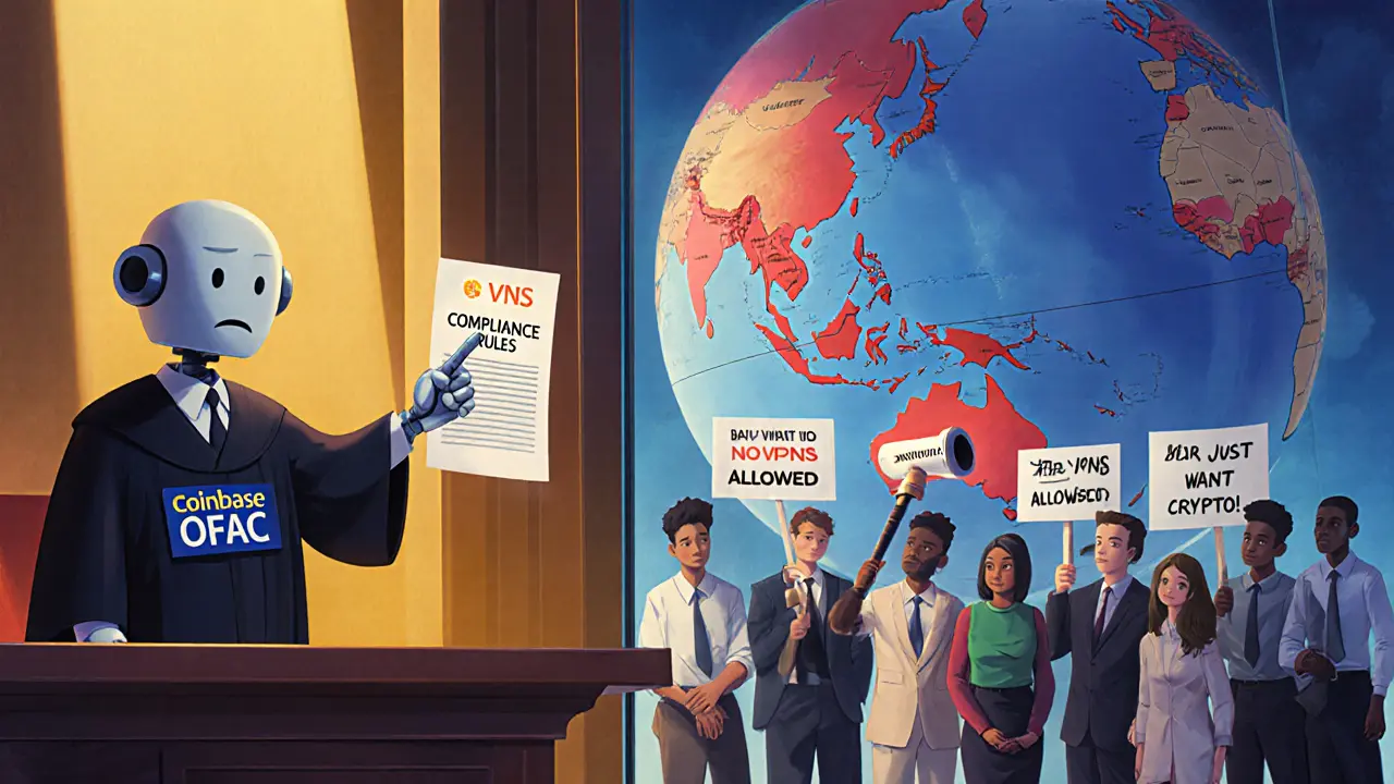 Courtroom scene with a judge blocking global users from accessing Coinbase, while a robot lawyer holds compliance papers.