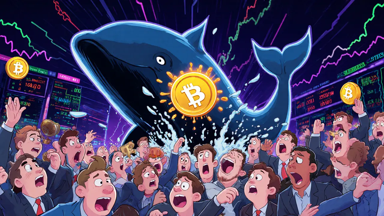 Crowded trading floor with investors buying Dogcoin as a giant whale crashes the price chart.
