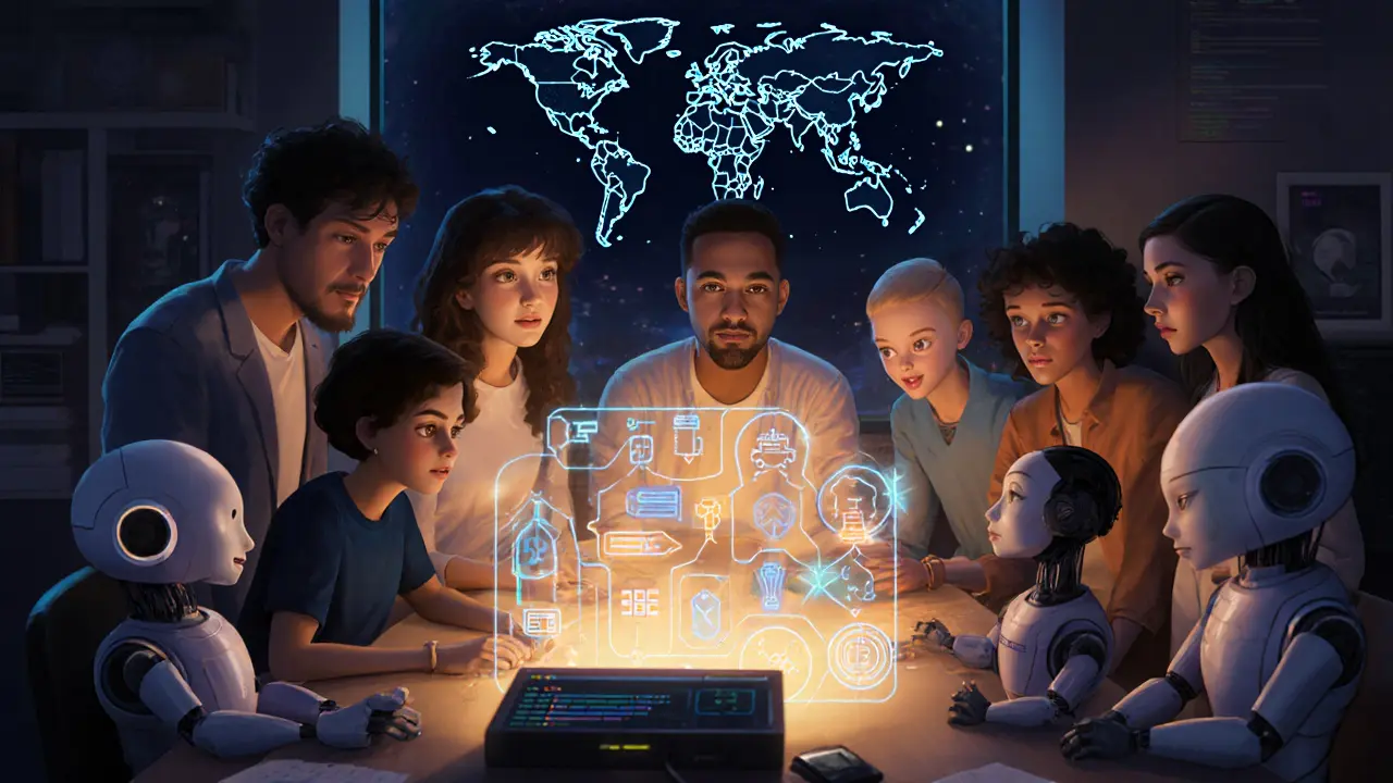 Developers studying holographic C++ code that generates AI models, with global Computor nodes blinking on a map in the background.