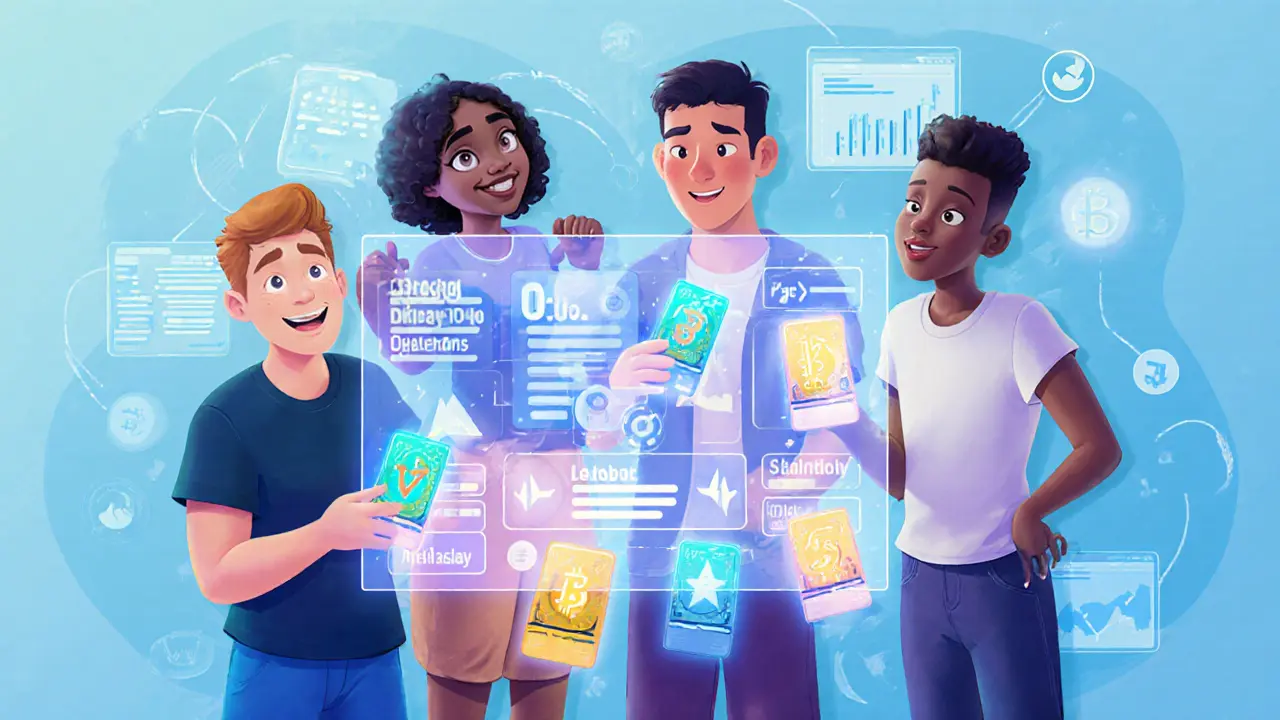 Diverse users holding glowing SuperHero NFT cards in front of a holographic DeFi dashboard.