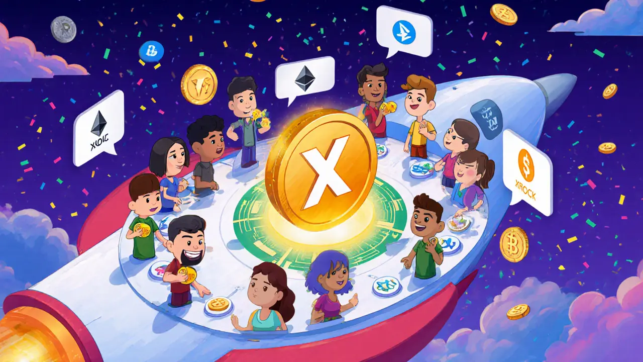 Diverse users in a rocket-shaped Telegram chat room trading crypto, with blockchain icons and XROCK as the engine.