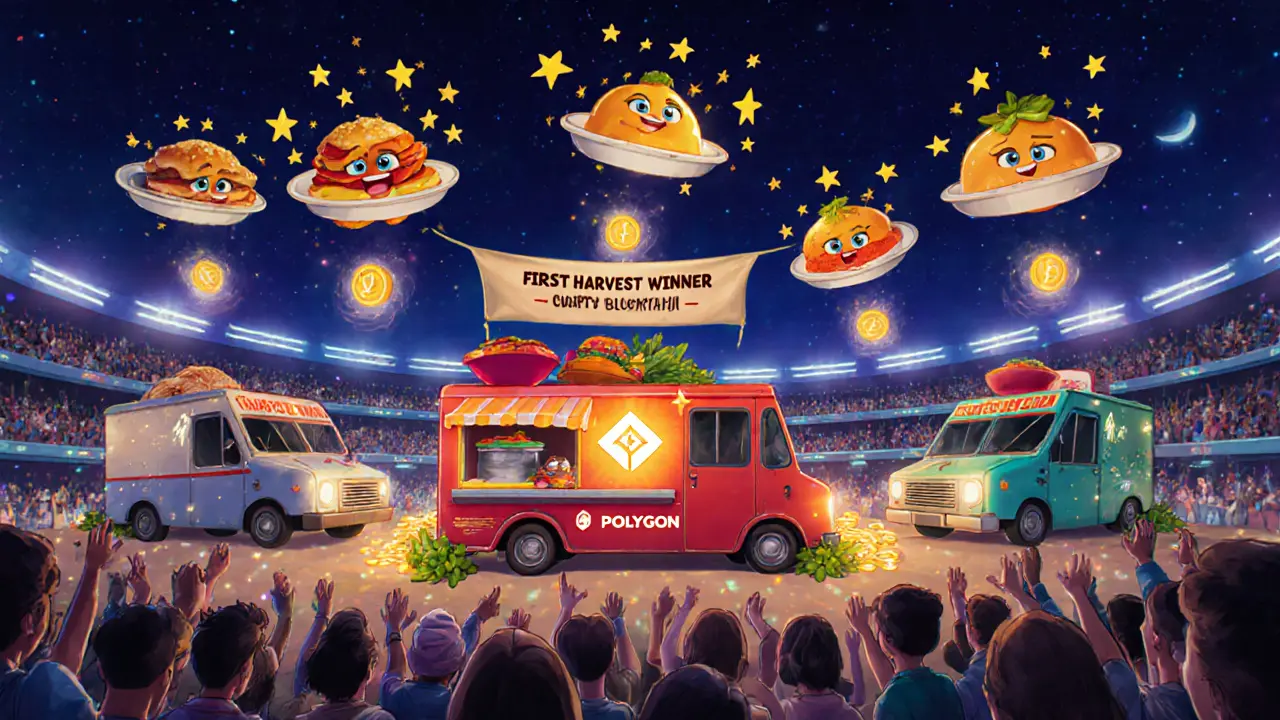 Food truck battle under the stars with dishes bursting into stars and coins, Polygon logo visible.