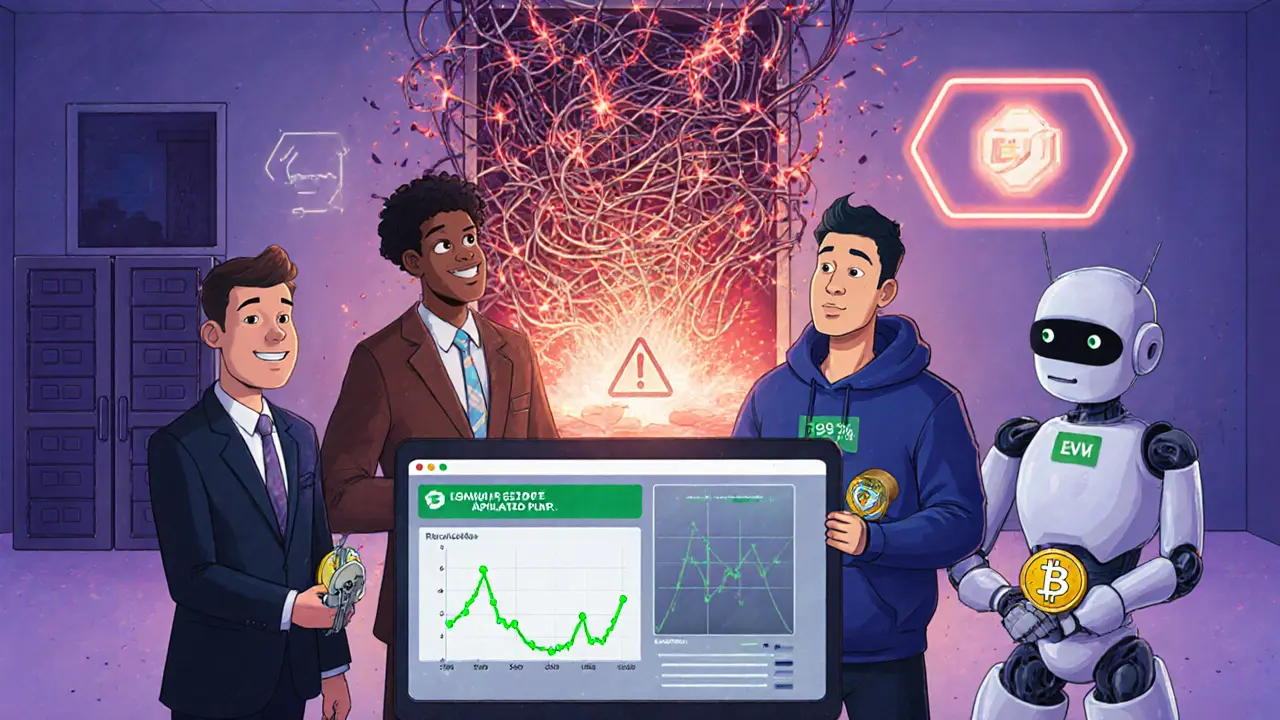 Friendly robot investors watching uptime graphs while chaotic risk explodes harmlessly nearby.