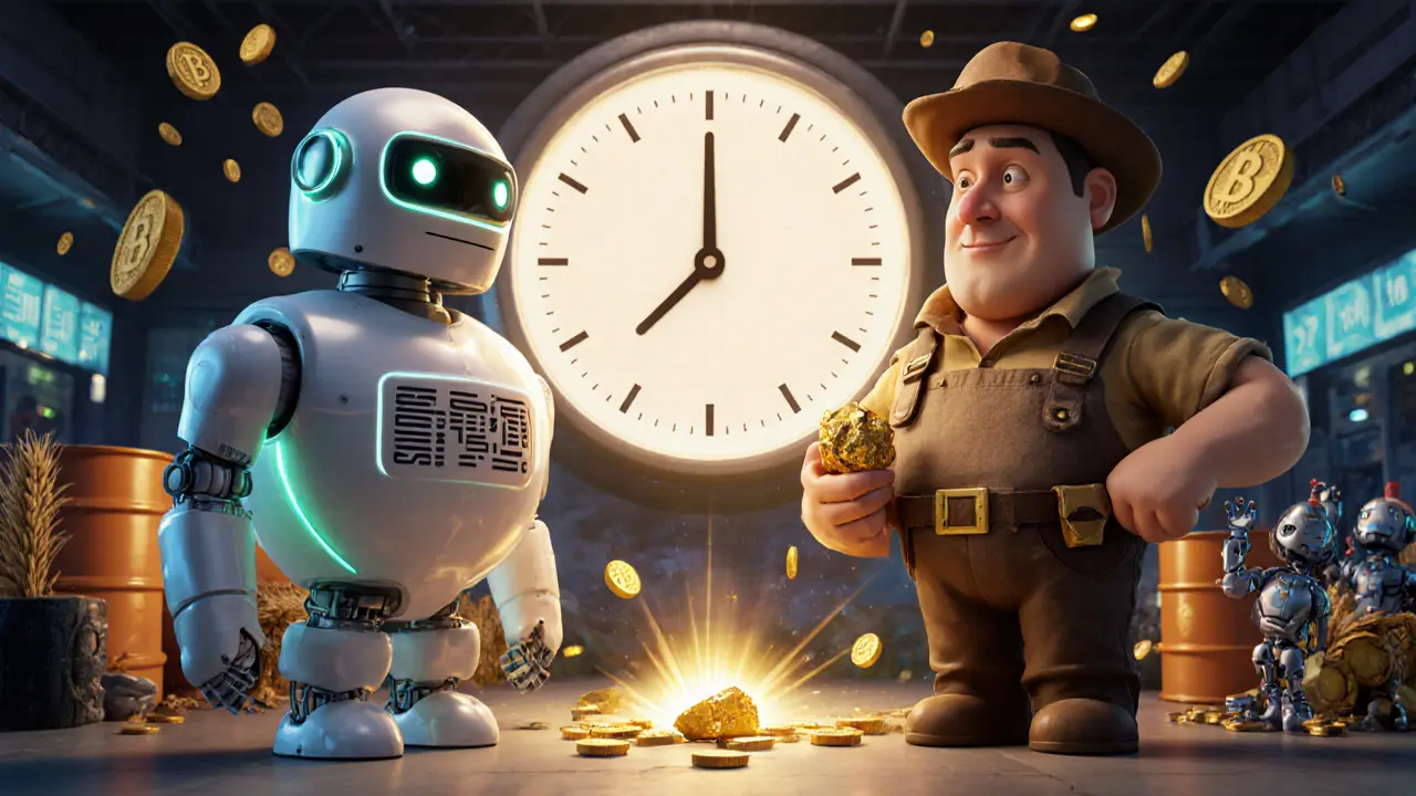 Futures and Spot figures merging at contract expiration, with commodities floating peacefully as prices stabilize in golden light.