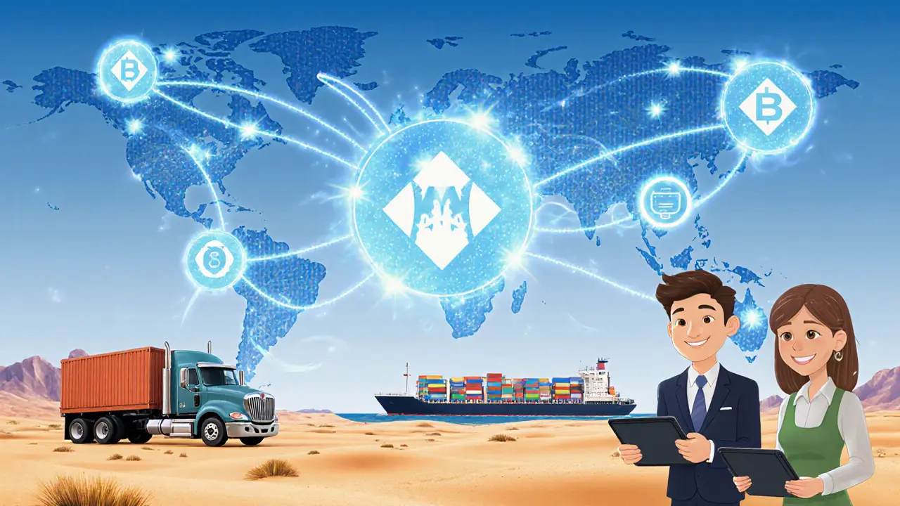 Global supply chain connected by shimmering blockchain links, with people viewing a shared digital ledger on tablets.