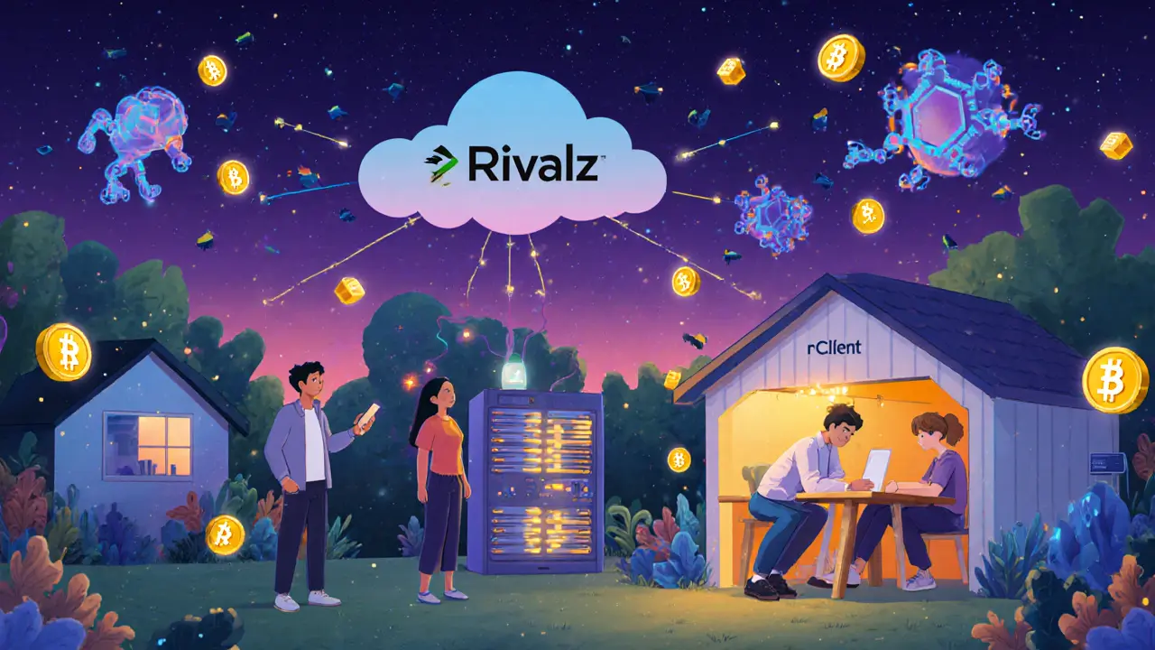 People contributing computing power to a decentralized AI network with glowing tokens and devices.