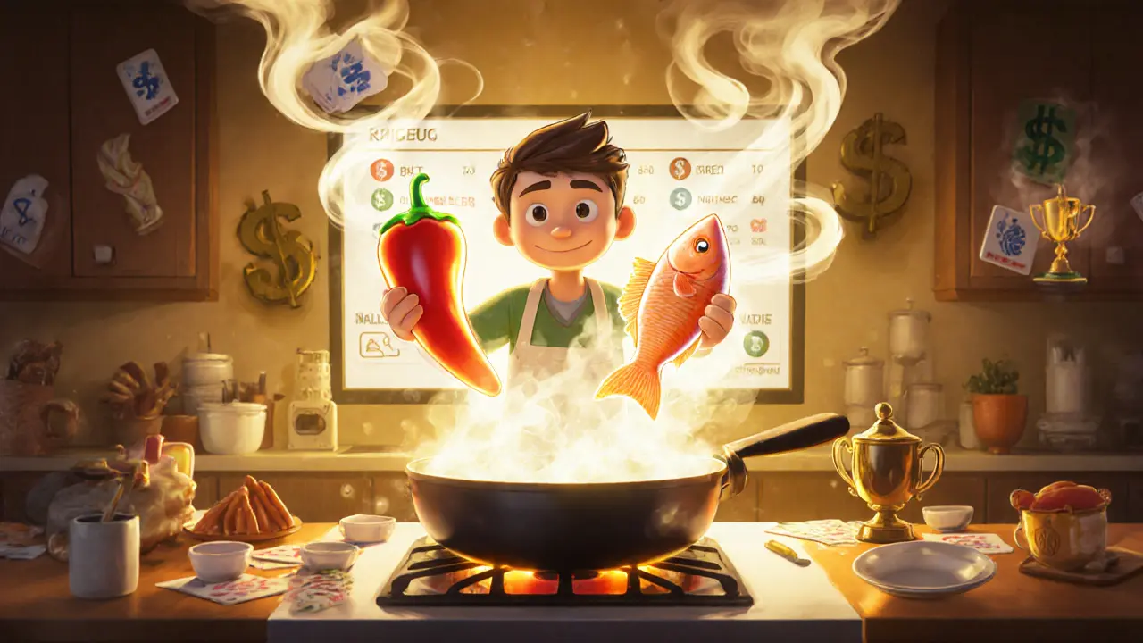 Player cooking NFT ingredients into a dish with floating recipe cards and leaderboard in a warm kitchen.