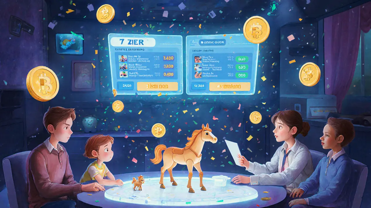 Players gather around a holographic table in a cozy game hub, watching race results as ZERC tokens fall like confetti.