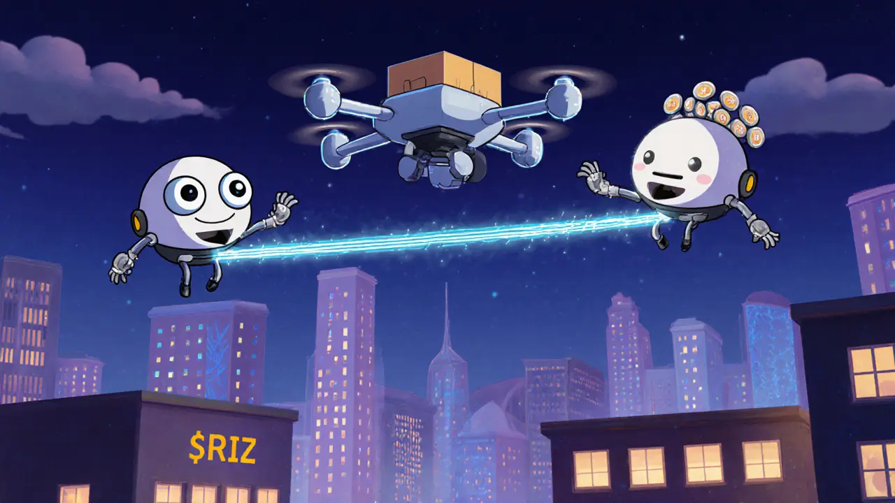 Three AI agents guiding a drone using real-time data, with buildings representing healthcare and logistics.