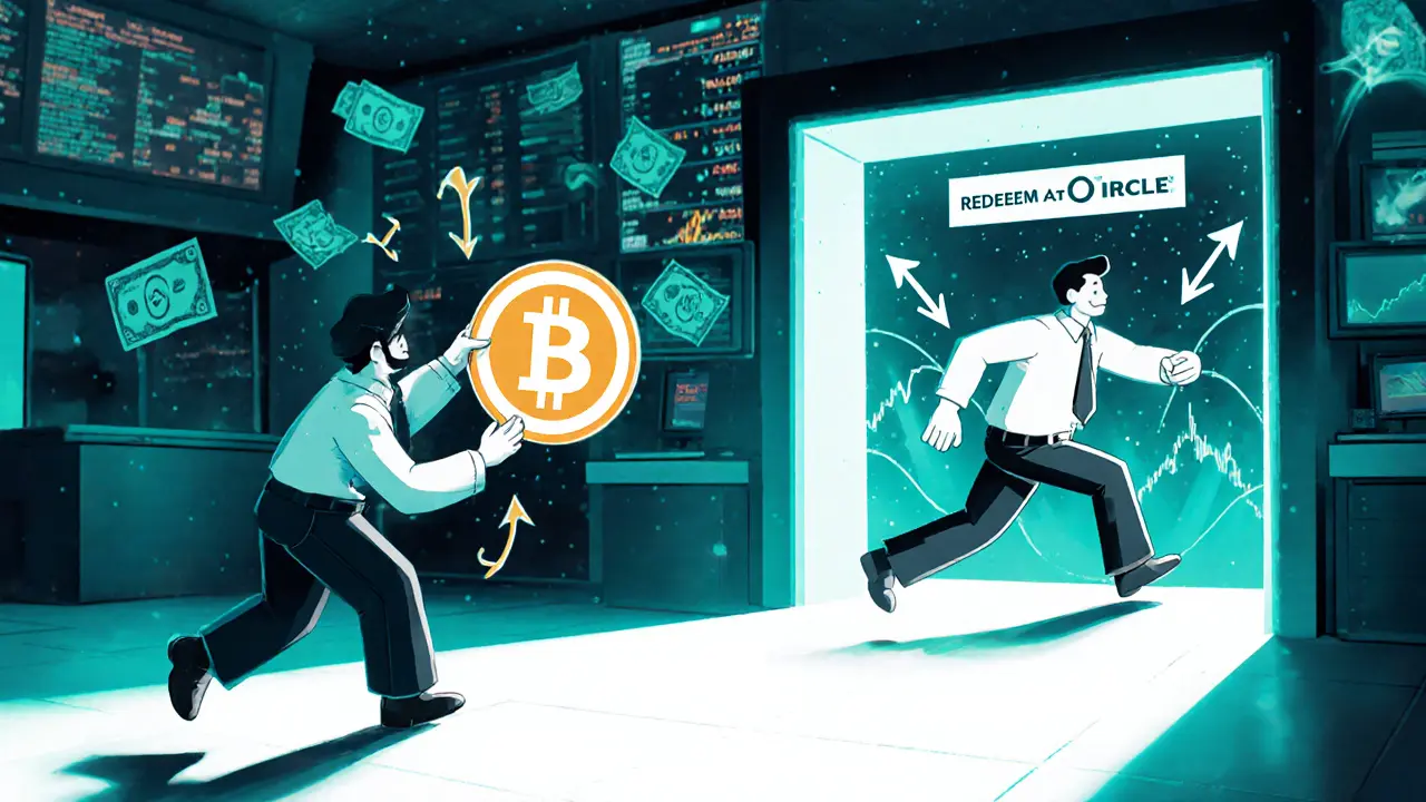 Traders on a crypto exchange reacting to a USDC price dip with arbitrage redemption.