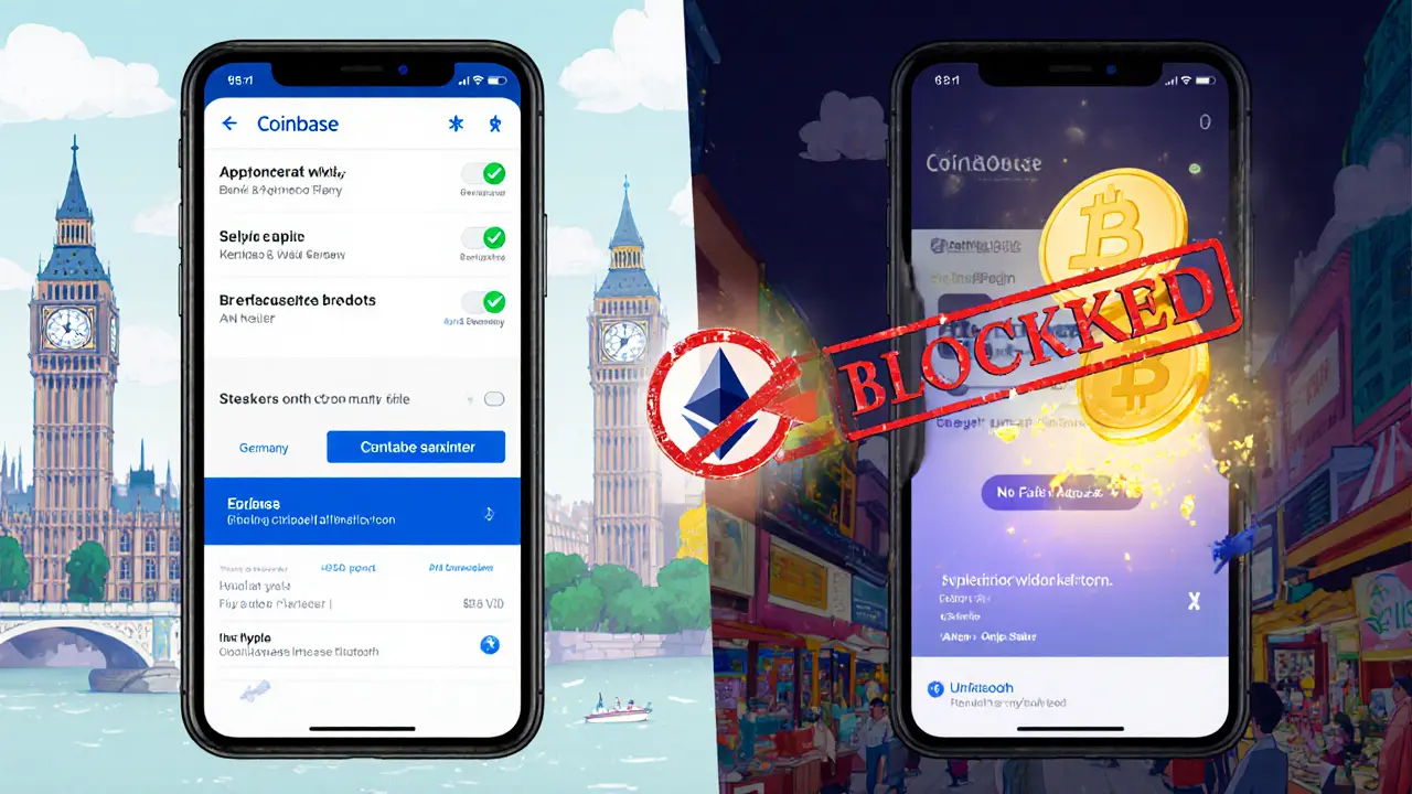 Two smartphone screens side by side: one with Coinbase App blocked, the other with Wallet connected to a DEX.