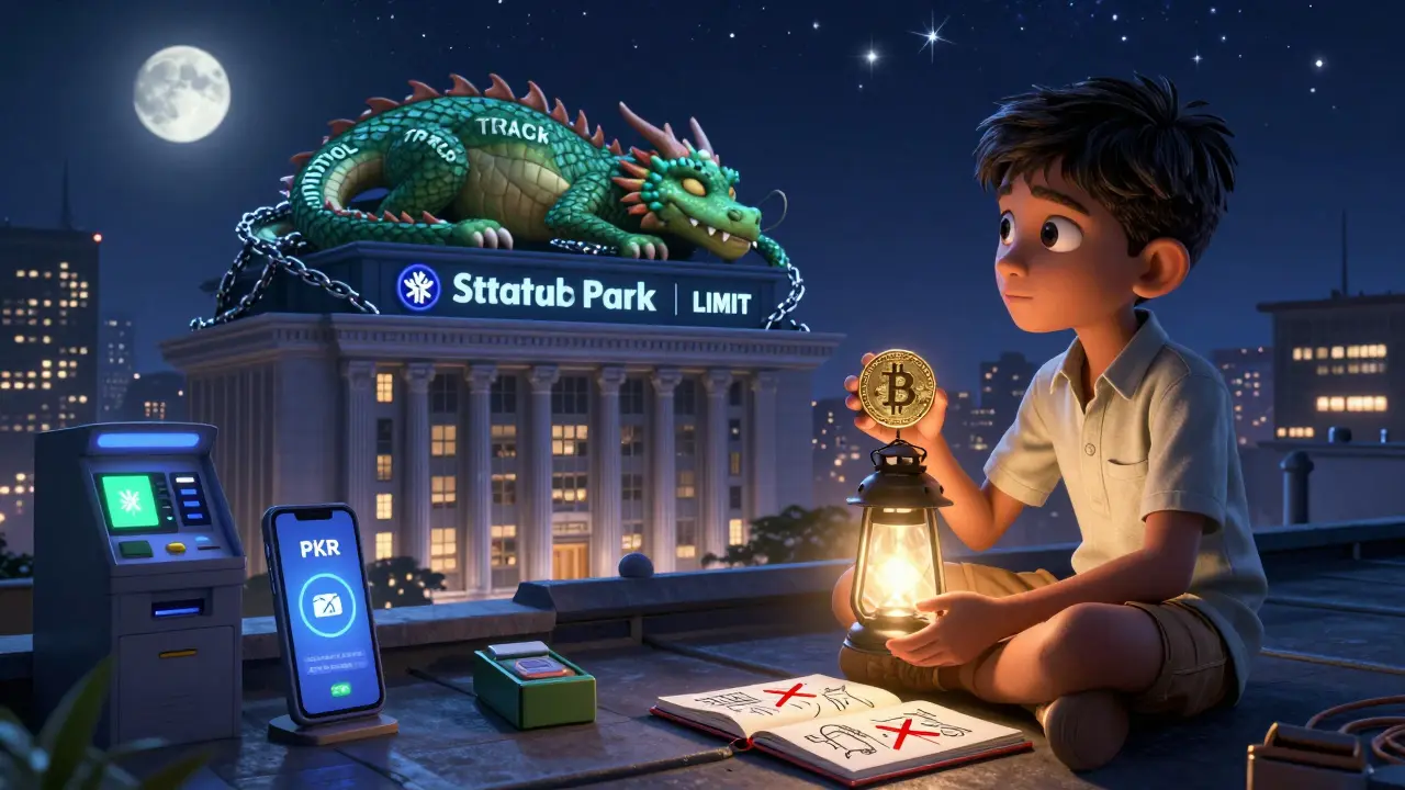 A boy on a rooftop holds a Bitcoin like a lantern while the city uses state-controlled digital money below.