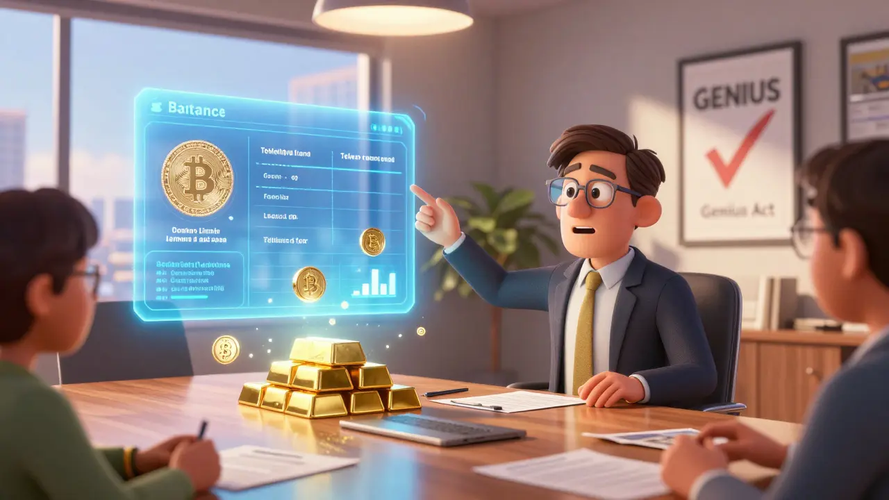 A CEO presents Bitcoin as a treasury asset alongside gold and tokenized bonds in a modern boardroom with holograms.