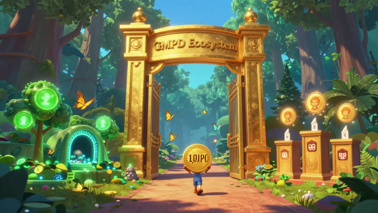 A character walks through a golden gate into a digital forest of staking trees, IDO caves, and voting podiums.