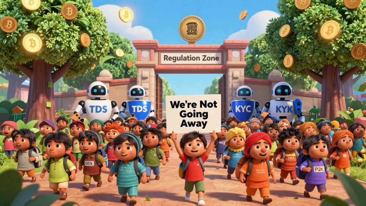 A crowd of people marching through a blockchain forest toward a regulation gate, carrying decentralized crypto wallets.