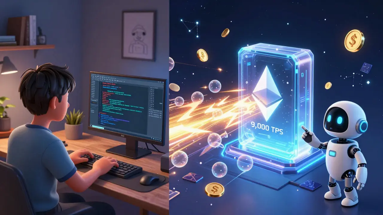 A developer at a keyboard with a split view showing slow Ethereum transactions vs. fast Eclipse lightning bolts.